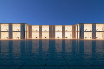Modern business center exterior with evenly lit windows reflecting on a polished floor. Architectural symmetry. 3D Rendering