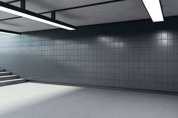Contemporary underground passage with ceiling lamps and stairs. Mock up place. Subway tile wall. 3D Rendering.
