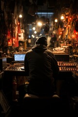 Obraz premium Talented disc jockey man's shadow mixing beats in a vintage vinyl record store, Generative AI