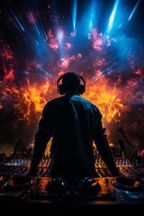 Disc jockey man silhouetted against colorful laser lights during an electrifying music event, Generative AI