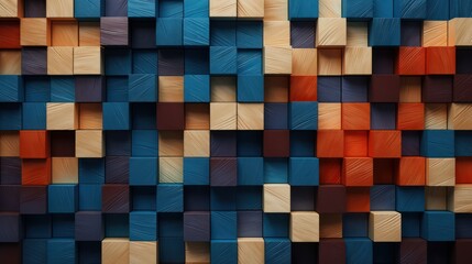 Colorful wood texture serves as a backdrop for an abstract arrangement of 3D stacked wooden cubes