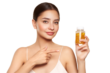 Vitamins. Close Up Of Happy Beautiful Girl With Pill With Cod Liver Oil Omega-3. Nutrition. Vitamin D, E, A Fish Oil Capsules. Healthy Lifestyle. Sport, Diet Concept