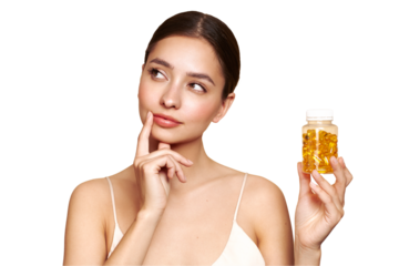 Vitamins. Close Up Of Happy Beautiful Girl With Pill With Cod Liver Oil Omega-3. Nutrition. Vitamin D, E, A Fish Oil Capsules. Healthy Lifestyle. Sport, Diet Concept