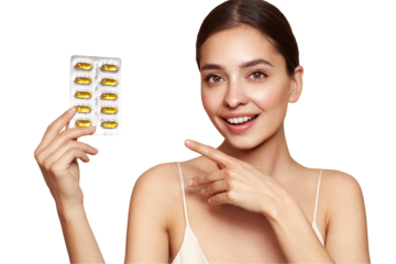 Vitamins. Close Up Of Happy Beautiful Girl With Pill With Cod Liver Oil Omega-3. Nutrition. Vitamin D, E, A Fish Oil Capsules. Healthy Lifestyle. Sport, Diet Concept