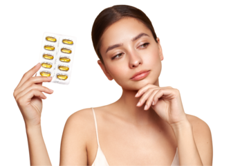 Vitamins. Close Up Of Happy Beautiful Girl With Pill With Cod Liver Oil Omega-3. Nutrition. Vitamin D, E, A Fish Oil Capsules. Healthy Lifestyle. Sport, Diet Concept