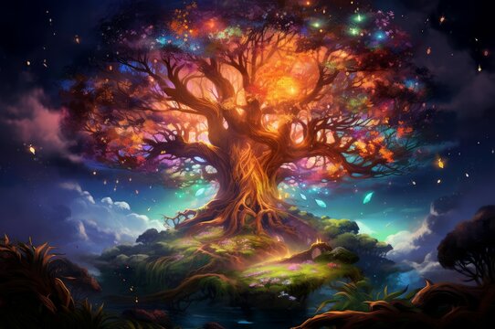 Surreal Magic tree. Fantasy romantic forest. Generate Ai