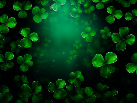 The green background of the copy area with clover and gold coins for St. Patrick's Day. Bokeh. Blur. 