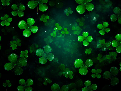 The green background of the copy area with clover and gold coins for St. Patrick's Day. Bokeh. Blur.