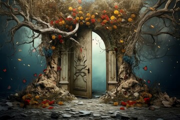 Enchanting Magical doors. Forest gate dream. Generate Ai - obrazy, fototapety, plakaty