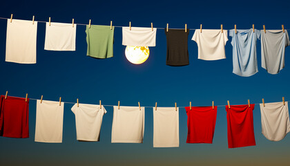 Assorted laundry hanging on a line under a full moon at night