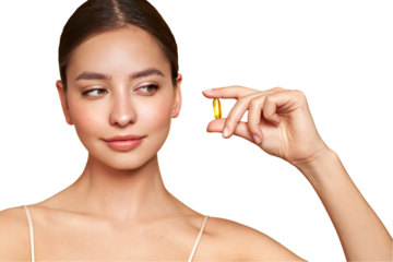 Vitamins. Close Up Of Happy Beautiful Girl With Pill With Cod Liver Oil Omega-3. Nutrition. Vitamin D, E, A Fish Oil Capsules. Healthy Lifestyle. Sport, Diet Concept