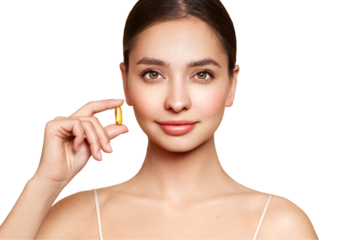 Vitamins. Close Up Of Happy Beautiful Girl With Pill With Cod Liver Oil Omega-3. Nutrition. Vitamin D, E, A Fish Oil Capsules. Healthy Lifestyle. Sport, Diet Concept