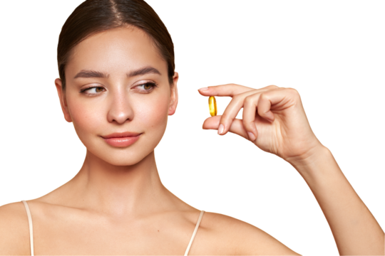 Vitamins. Close Up Of Happy Beautiful Girl With Pill With Cod Liver Oil Omega-3. Nutrition. Vitamin D, E, A Fish Oil Capsules. Healthy Lifestyle. Sport, Diet Concept