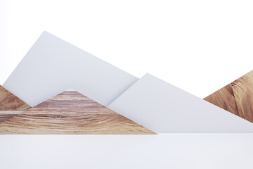 Creative decorative triangular mountain background with mock up space. Wooden and white elements. 3D Rendering.