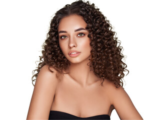 Fashion studio portrait of beautiful smiling woman with afro curls hairstyle. Fashion and beauty - 694716154
