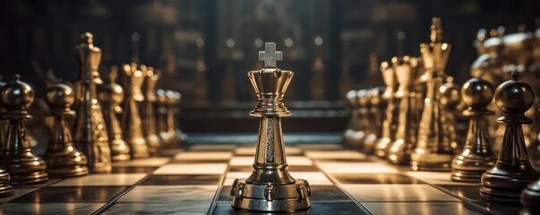 A detailed close-up view of a chessboard, highlighting the presence of metal kings, pieces, and pawns standing on the board. - obrazy, fototapety, plakaty