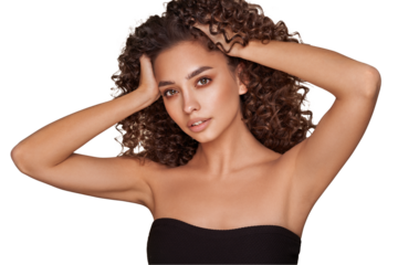 Fashion studio portrait of beautiful smiling woman with afro curls hairstyle. Fashion and beauty