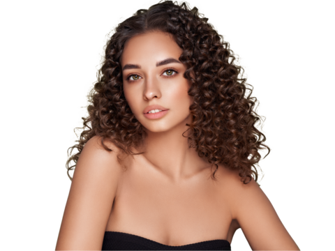 Fashion studio portrait of beautiful smiling woman with afro curls hairstyle. Fashion and beauty