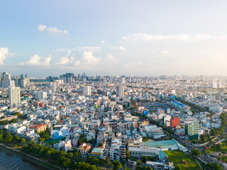 Panoramic view of Saigon, Vietnam from above at Ho Chi Minh City's central business district....