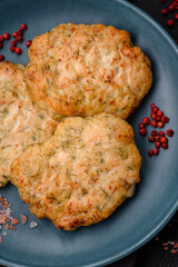 Delicious fresh fried minced fish cutlets with spices and herbs