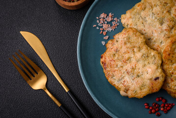 Delicious fresh fried minced fish cutlets with spices and herbs