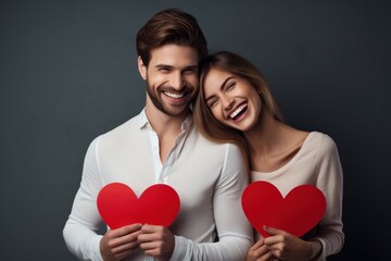 Happy young couple is holding red paper hearts and smiling, on gray background