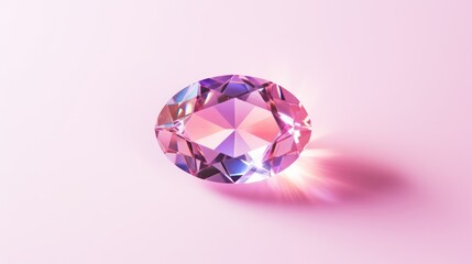 Top view of a stunning brilliant gemstone with facets isolated on a flat pastel pink background, leaving ample space for copy.