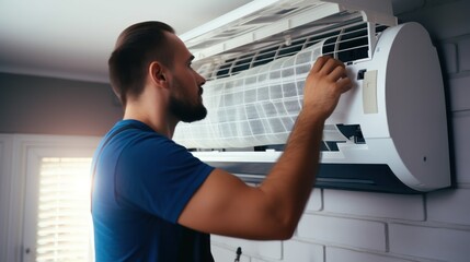 Male technician repairs an air conditioner indoors. - obrazy, fototapety, plakaty