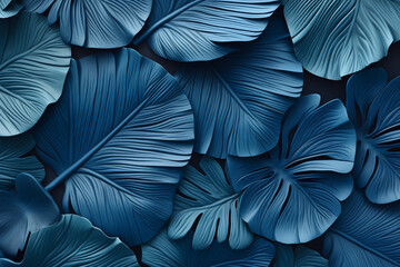Dark navy blue paper tropical leaf foliage pattern layered background 