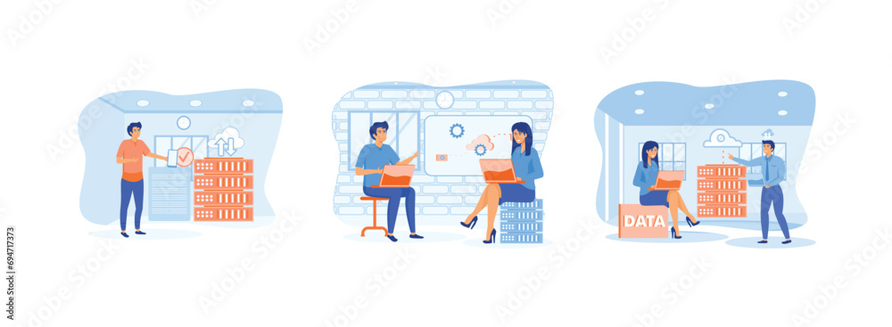 Poster cloud storage. data storage and backup. online database storage technology. cloud computing 2 set fl