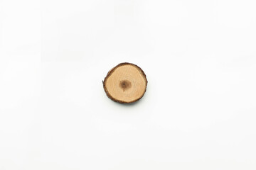 Tree Cut Samples are isolated on a white background. Cross section of tree trunk showing growth rings on white background. Round wooden planks stacked on top of each other