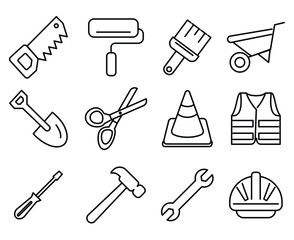 outline set of vector icons such as shovel, screwdriver, traffic cone, screwdriver, safety vest, construction worker, labour day, tools