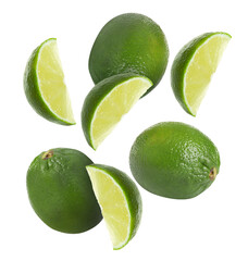 Fresh ripe limes falling on white background