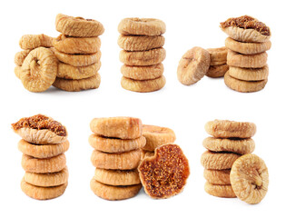 Sweet dried figs isolated on white, set