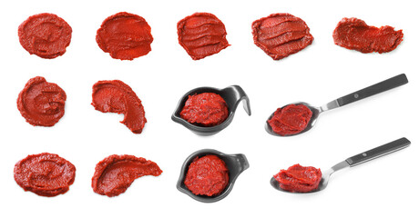 Tasty tomato paste on white background, set with top and side views