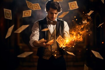 Fototapeta premium Skillful Magician playing. Man white fun. Generate Ai