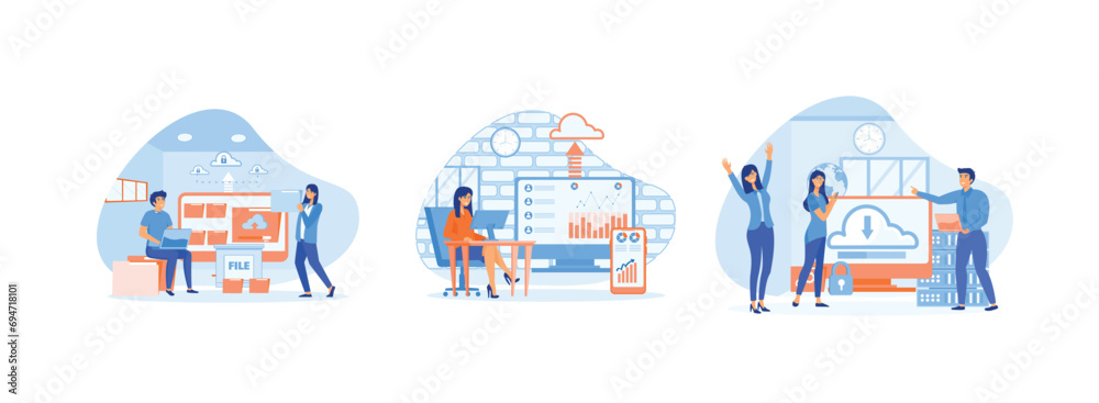 Poster team administrator. business technology cloud computing service. storing data on cloud server. cloud