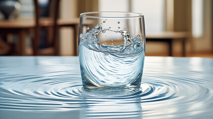 A glass of water tipping over on a table with a backdrop of a swirling room, representing the disorientation of vertigo. - obrazy, fototapety, plakaty