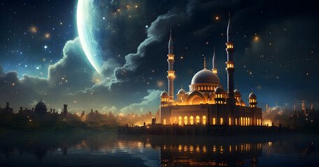 Sky night stars and moon, islamic night,sunset - obrazy, fototapety, plakaty