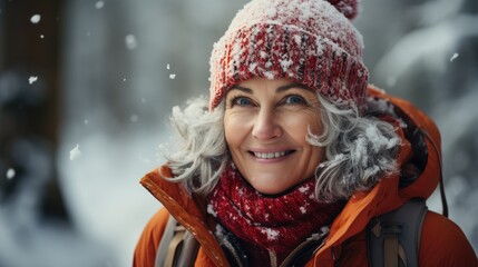 old aged Woman Hiking in Snowy Forest.