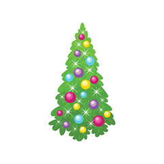 Christmas tree in colorful balls. Holiday flat icon. Vector cartoon simple illustration of New Year's decor.