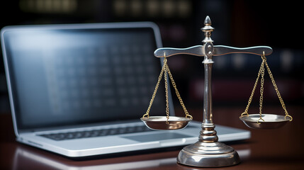 A computer keyboard with two conveying legal objects: a set of weighing scales and a gavel, creating a perfect balance. - obrazy, fototapety, plakaty