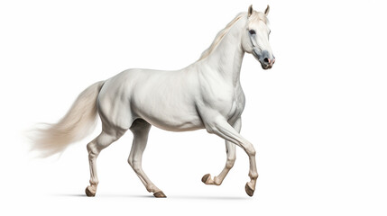 Obraz na płótnie Canvas A white Arabian horse, separated against a white backdrop using a clipping path. Entire depth of field captured for the image.