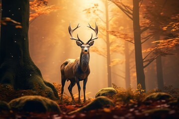 Enchanting Magic deer nature. Autumn nature mist. Generate Ai
