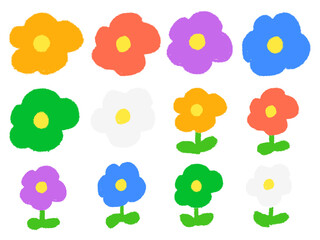 子どもがクレヨンで描いたような手書き風の可愛い花のセット