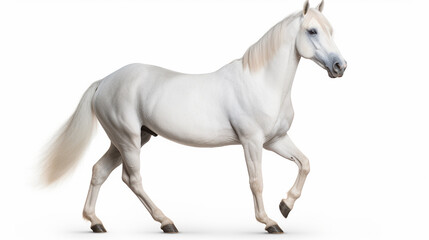 Obraz na płótnie Canvas A white Arabian horse, separated against a white backdrop using a clipping path. Entire depth of field captured for the image.