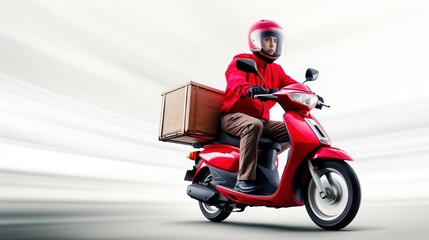 fast Red Delivery man riding a motorcycle with red delivery box, white background