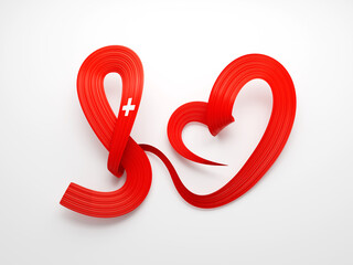 3d Flag Of Switzerland Heart Shape Shiny Wavy Awareness Ribbon flag White Background 3d illustration