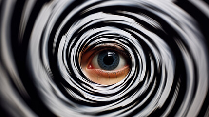 A close-up of a person's wide-open eye with a spiraling background, capturing the sensation of vertigo.