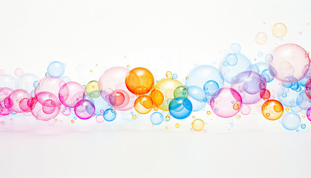 Colorful soap bubbles in a row with a white background